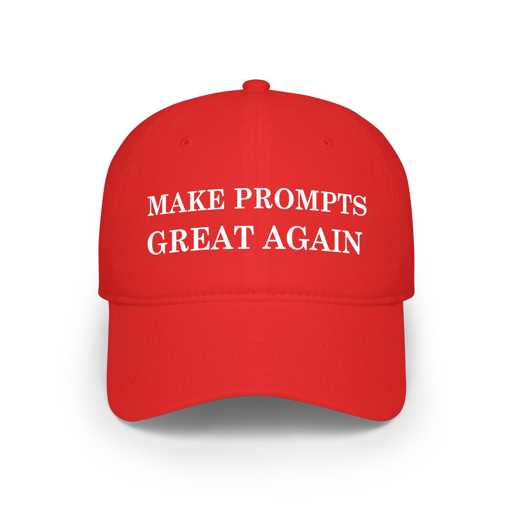 Red cap with 'MAKE PROMPTS GREAT AGAIN' text on a white background