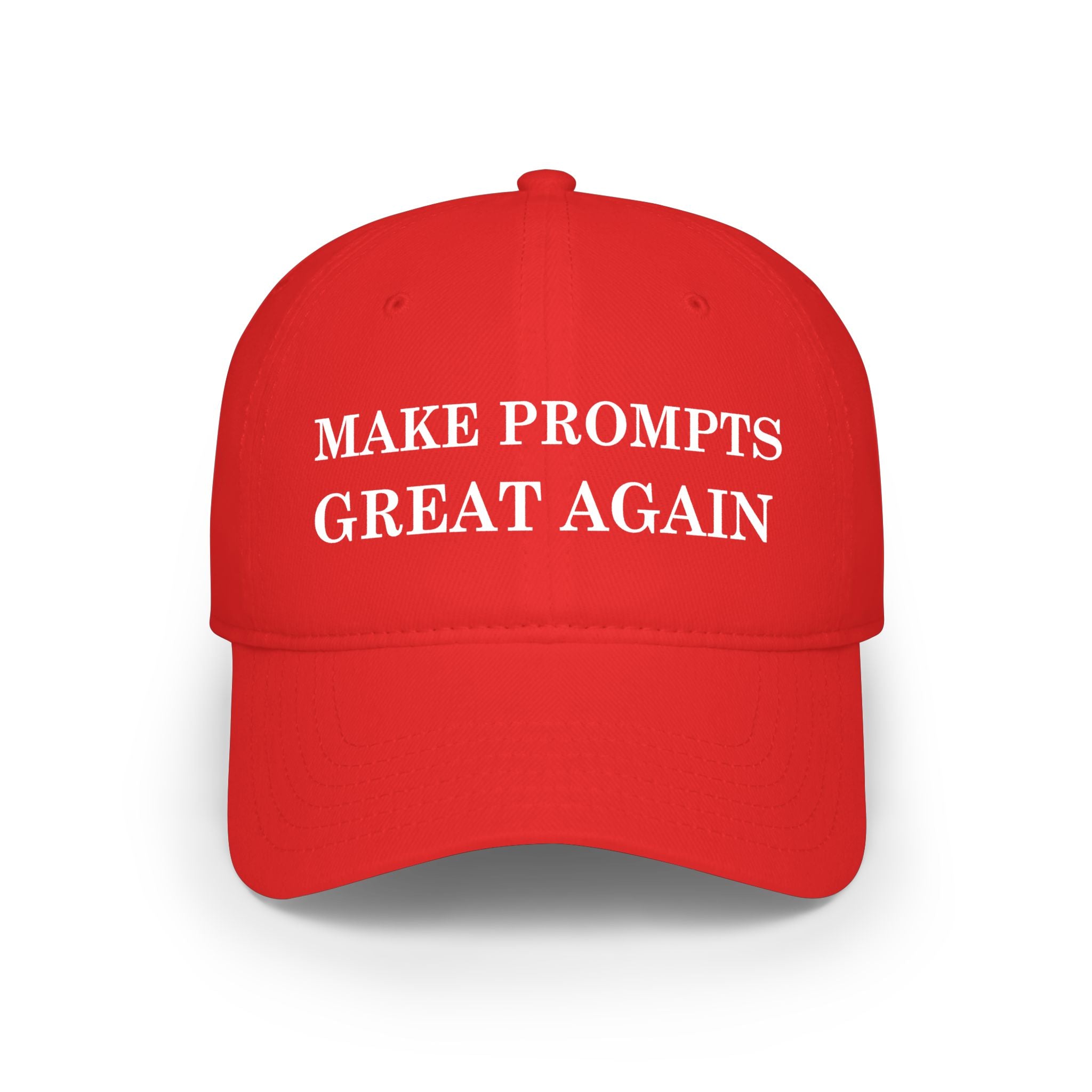 Red cap with 'MAKE PROMPTS GREAT AGAIN' text on a white background