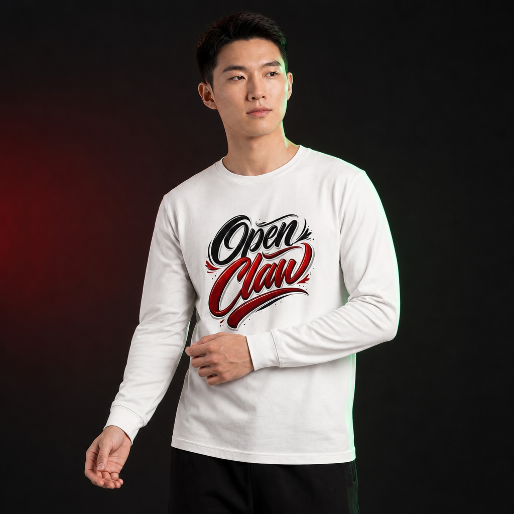 OpenClaw operator-studio mockup hover | long-sleeve-tee-open-clan-script-front-red-emoji-back