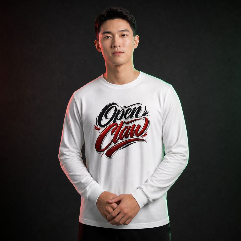 OpenClaw operator-studio mockup primary | long-sleeve-tee-open-clan-script-front-red-emoji-back